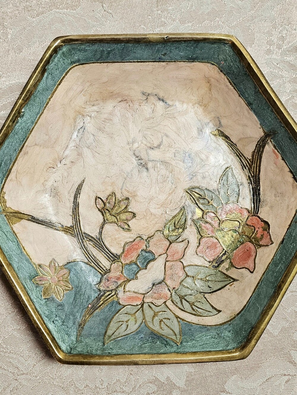 Vintage Indian Brass Enamel Hexagonal Floral Trinket Dish Catchall Tray 8.5"